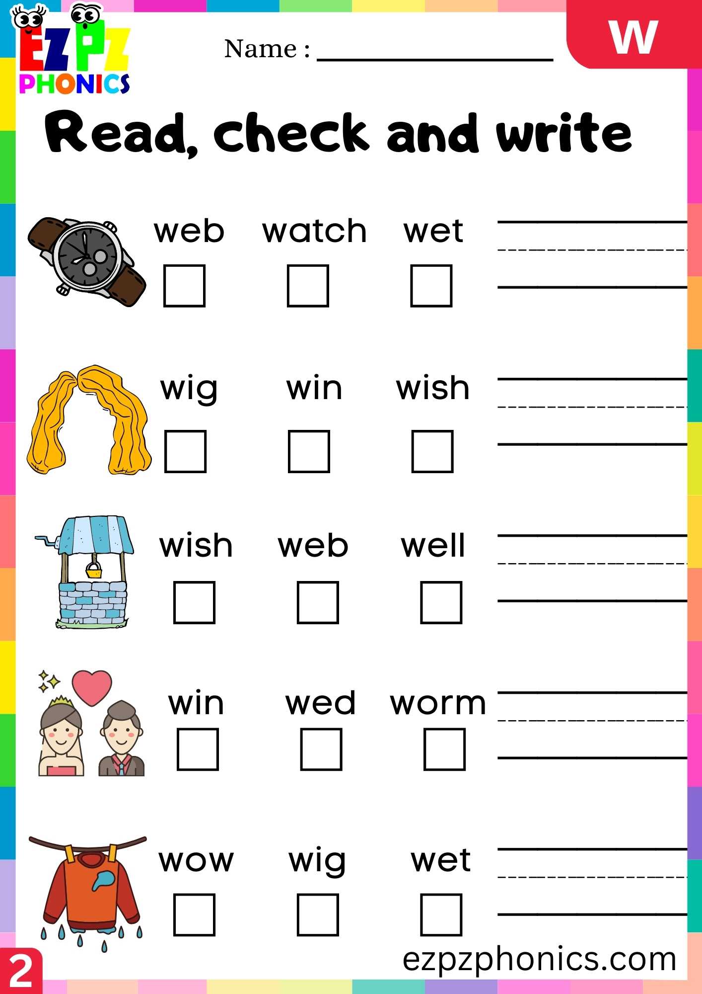 Group2 Letter W Read, Check And Write Beginning Sounds Worksheet